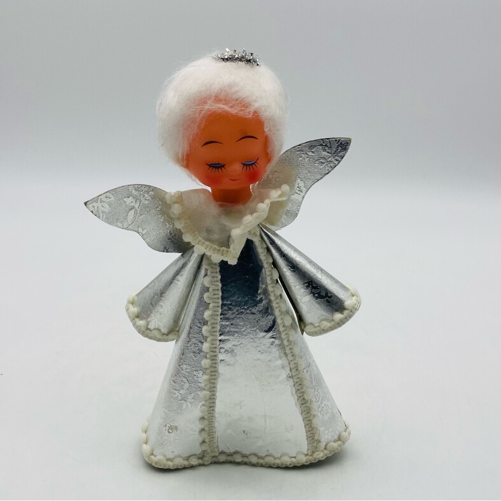 Vintage Christmas Tree Cone Angel Tree Topper - Silver Paper Dress